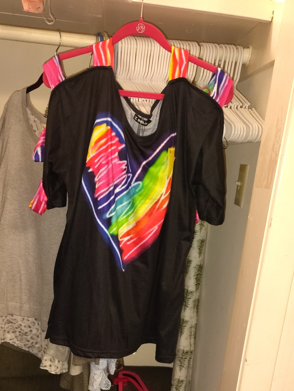 Black Cold-Shoulder Top with Rainbow Heart Print